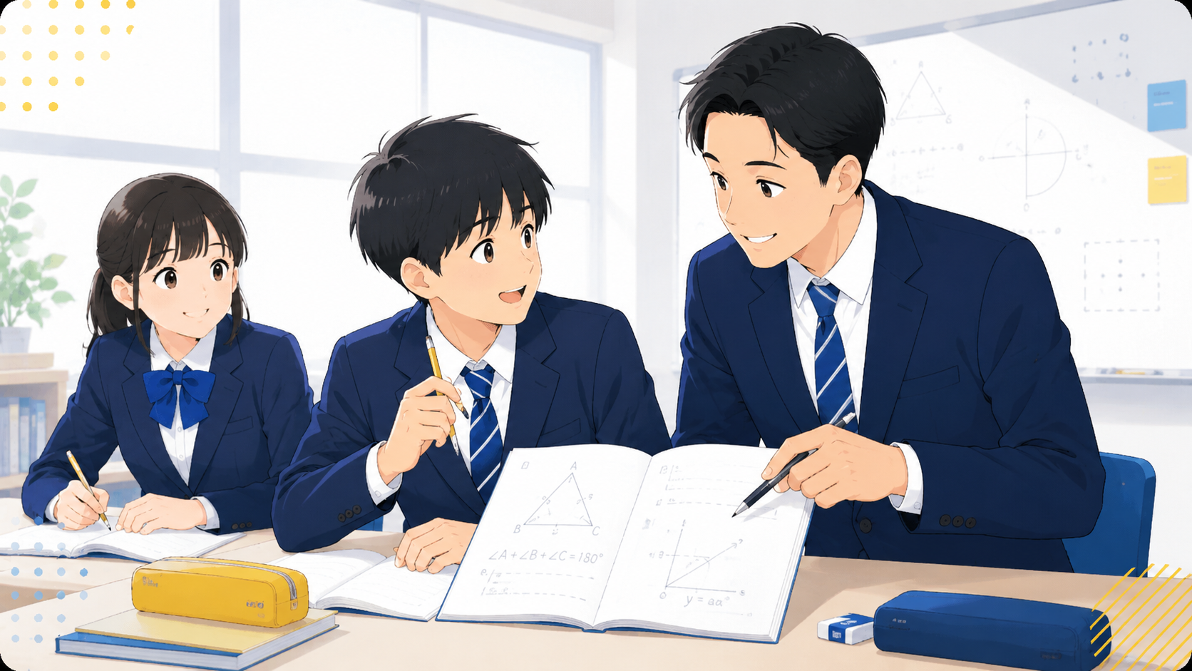 先生が高校生に大学受験数学の問題を説明しているイメージ