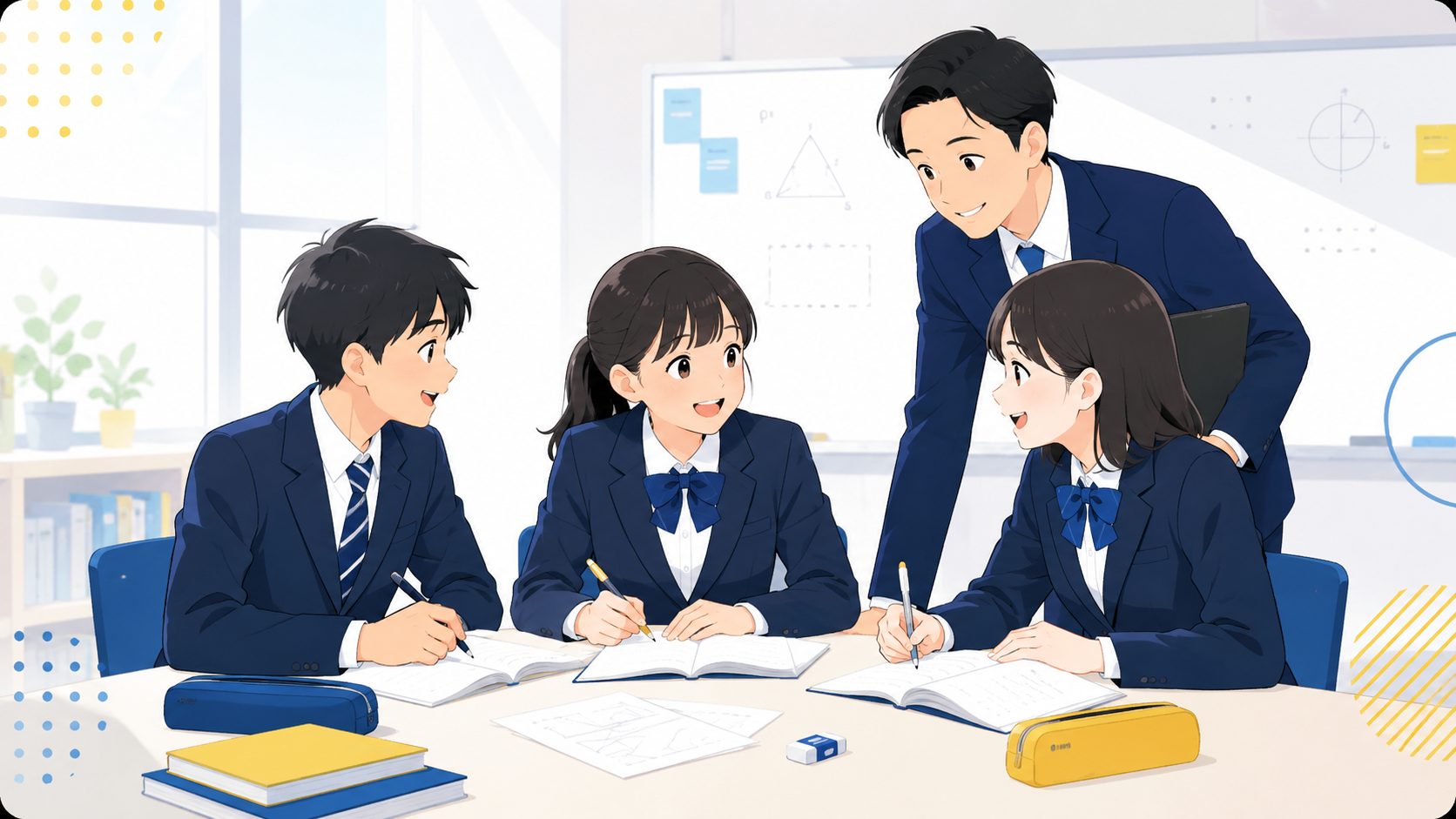 友達と一緒に先生へ大学受験数学を質問しているFGクラスのイメージ