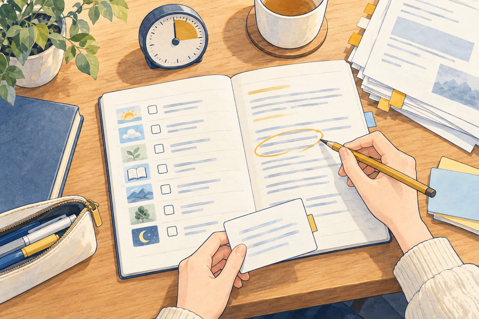 時計と復習カードを使い英語の学習計画をノートに整理する様子