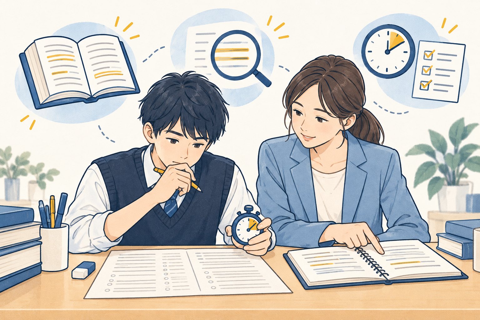 英語の答案と時計を見ながら復習の進め方を相談する受験生と講師