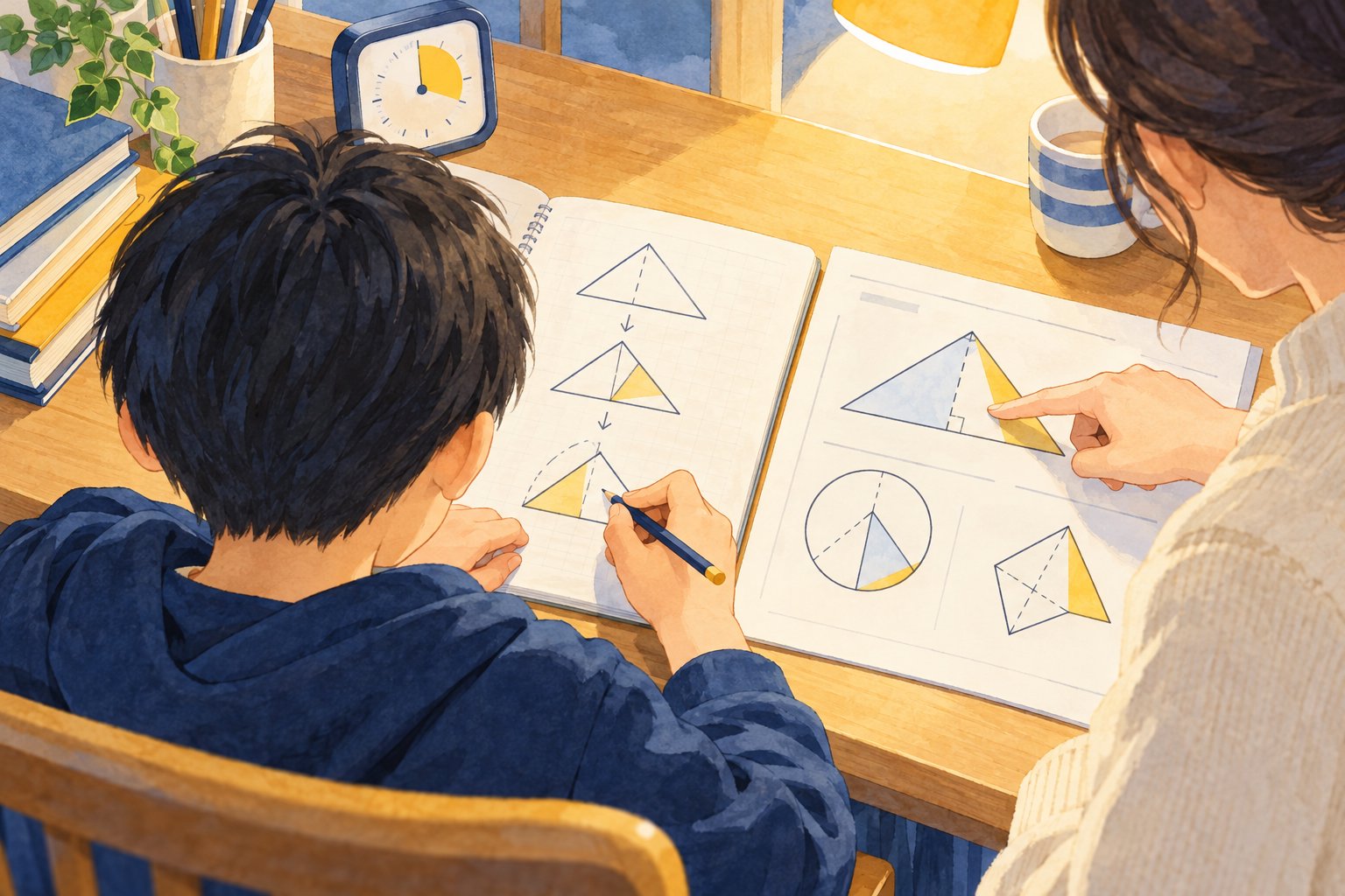 図形の条件を確認しながら算数の解き直しに取り組む親子のイメージ