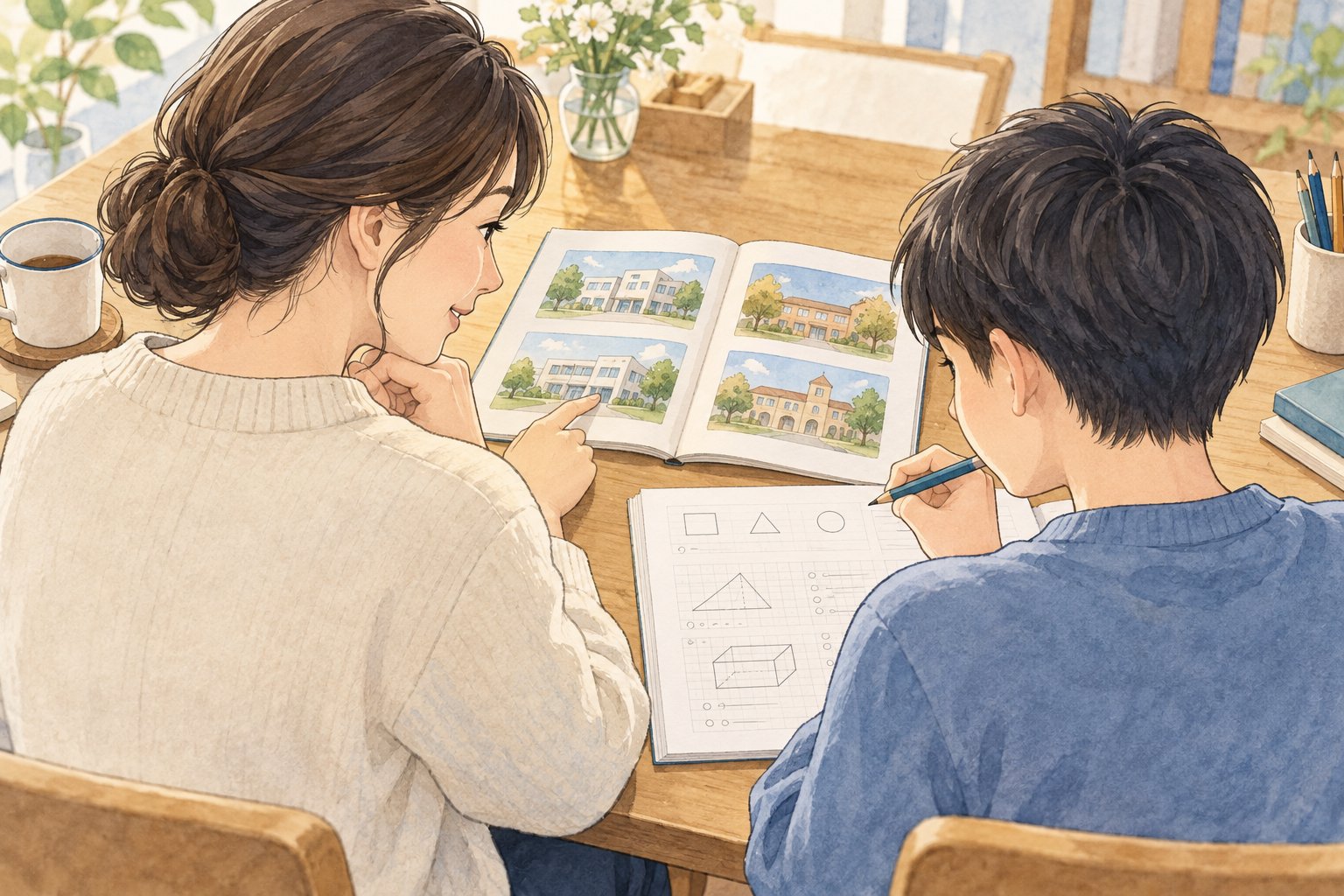 親子が学校の資料と算数の答案を見ながら学習を考えるイメージ