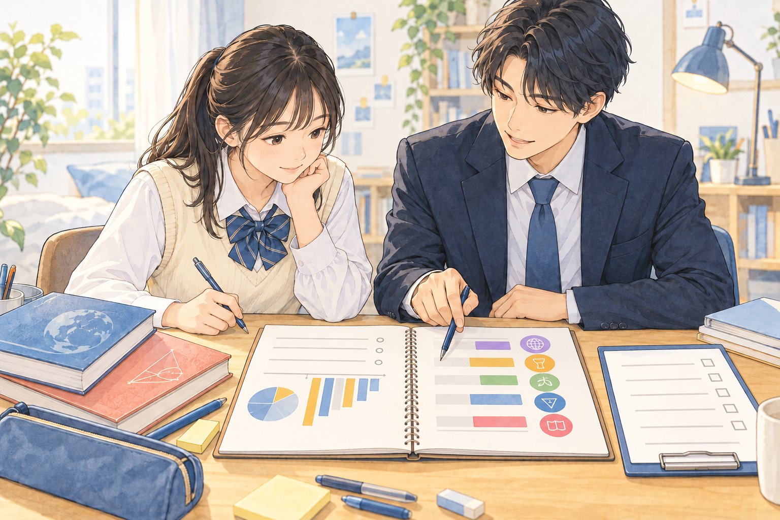 志望学部の必要科目と現在の得点をノートで整理する受験生と講師のイメージ