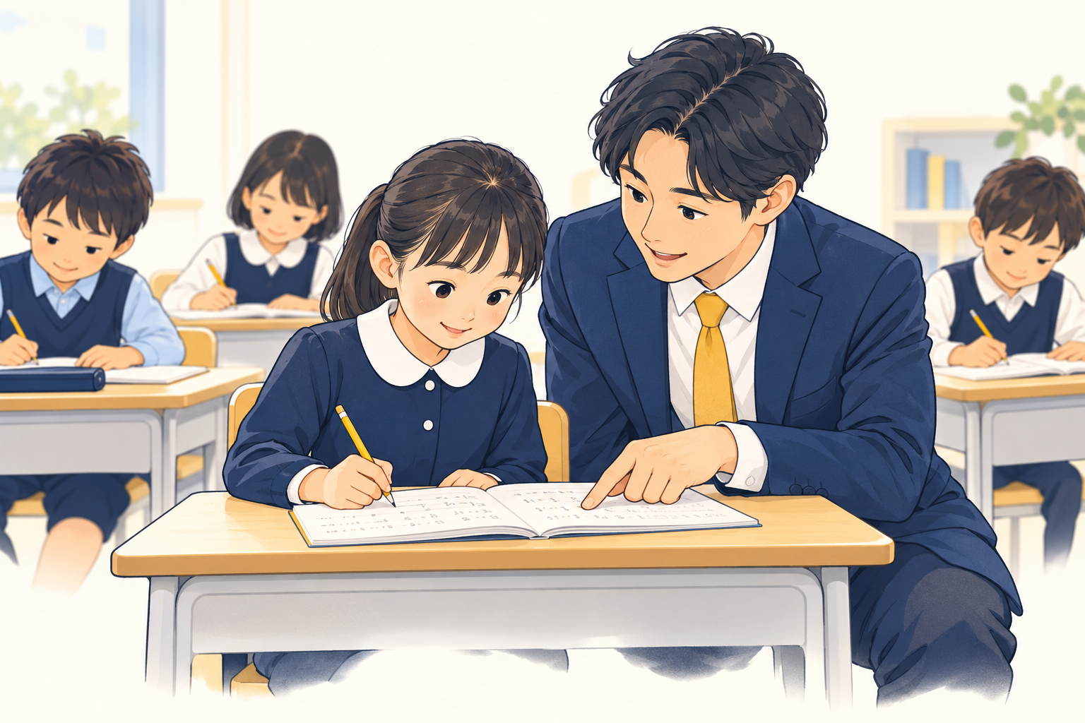 集団でも、わが子を見るを伝える先生と生徒のイラスト
