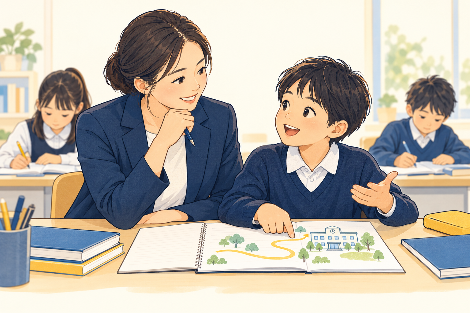先生と生徒が目標に向けた学びの道筋を一緒に考えるイラスト