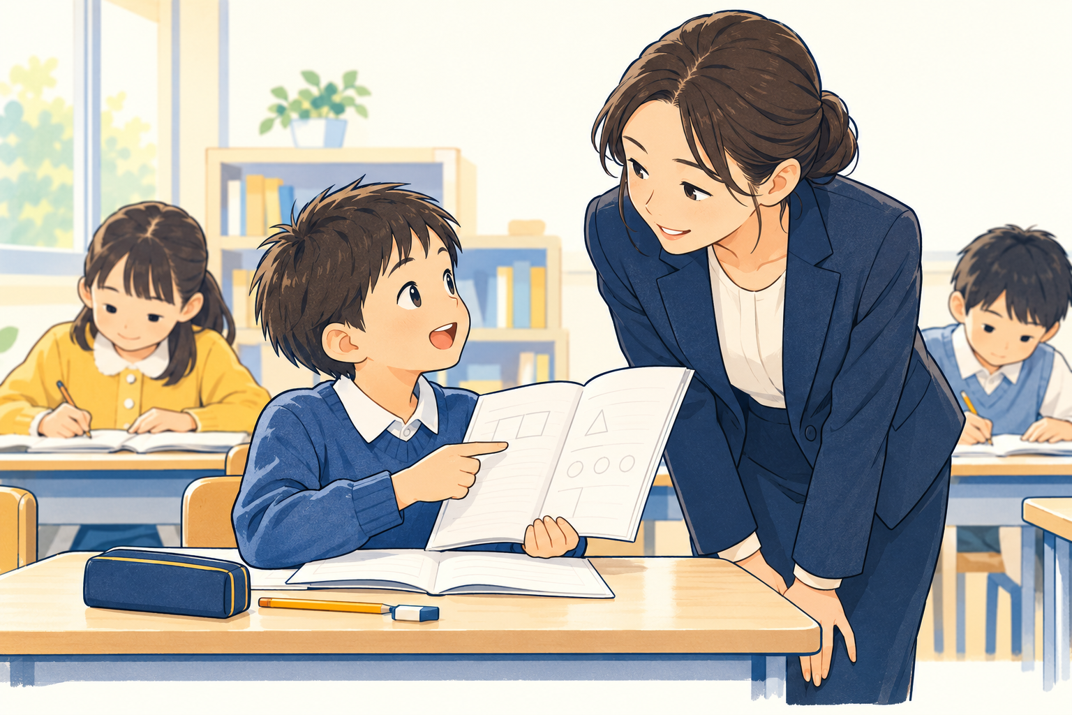相談は、教える講師へを伝える先生と生徒のイラスト