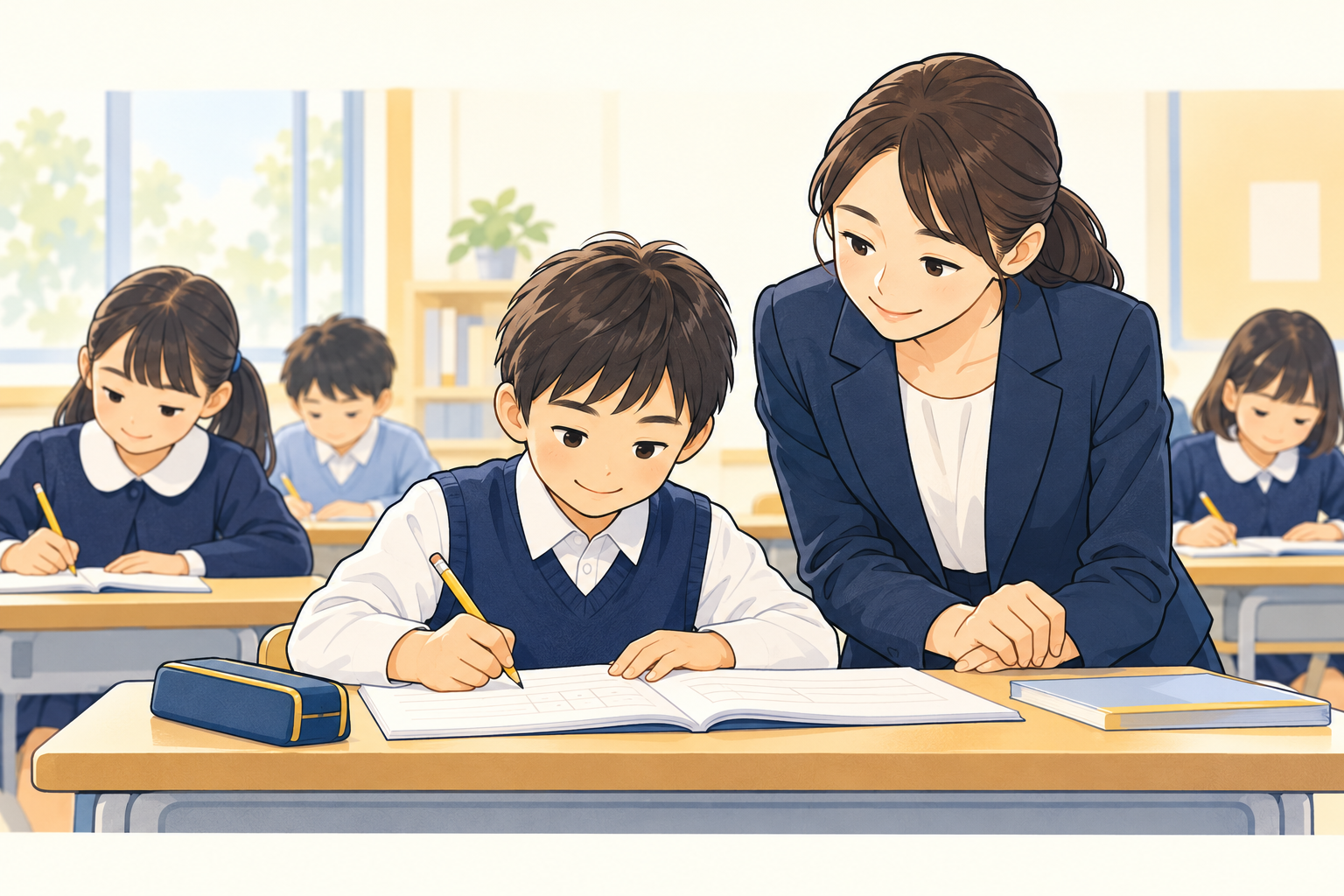 自分で進む力を育てるを伝える先生と生徒のイラスト